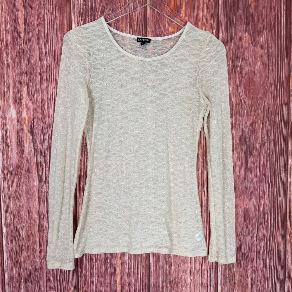 Express Womens Small Cream Floral Lace Mesh Long Sleeve Scoop Neck Top Y2K